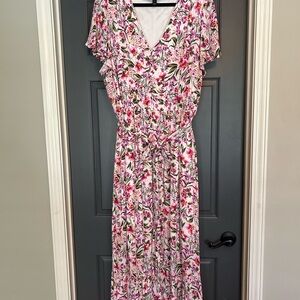 Floral Pink V-Neck Maxi Dress with Tie Waist